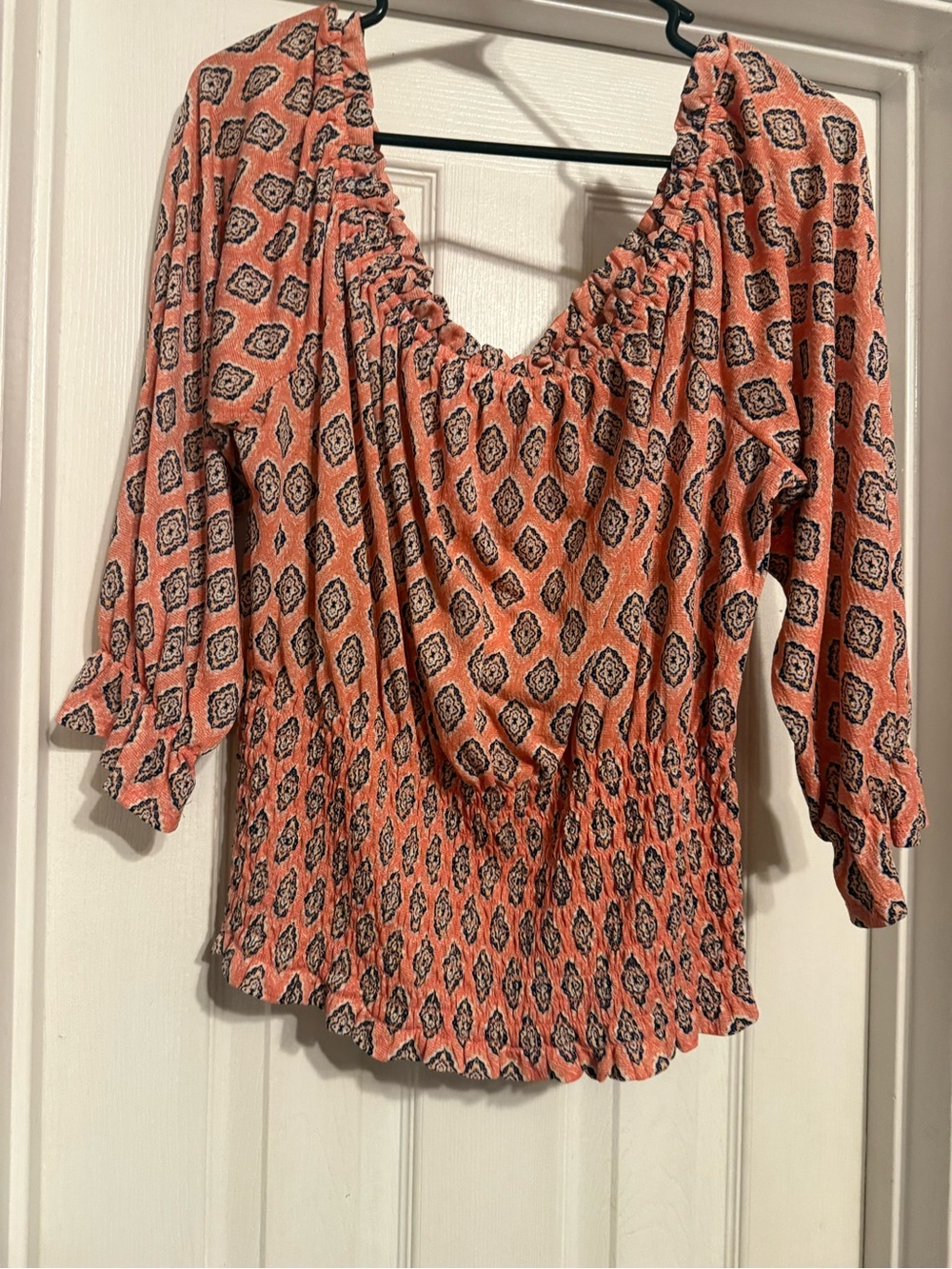 S.C. Society Coral and Navy Blue Smocked Peasant Top